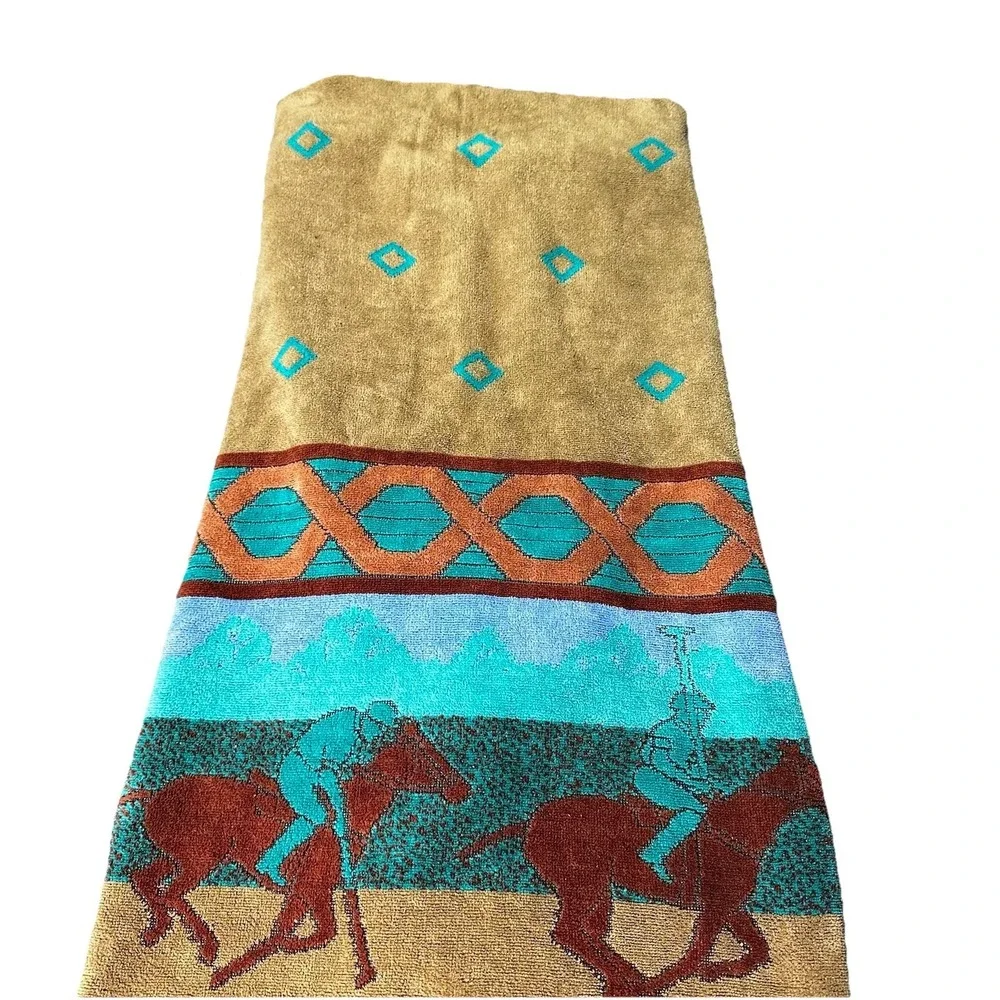 Vintage Royal Terry Beach Towel 66x38.5 Polo Horse Scene Equestrian